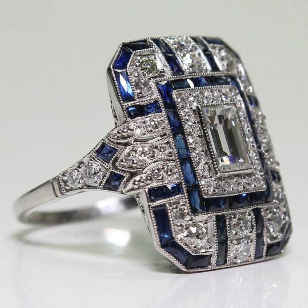 NEW Silver Blue Sapphire Diamond Art Deco Ring